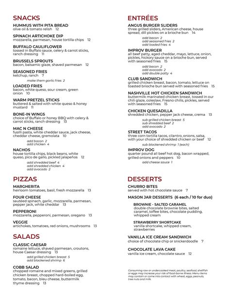 Irvine Improv Food and Drink Menu