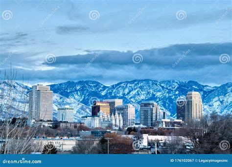 Salt Lake City Winter Skyline Taken at Blue Hour Stock Image - Image of ...