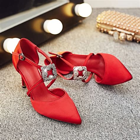 2017 New Luxury designer Rhinestone Cross Shoes Women Red Satin Pumps Ladies High Heel Wedding ...