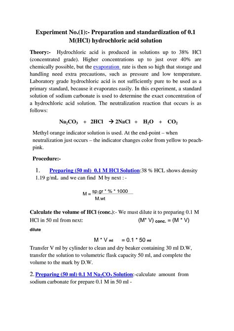 SOLUTION: Experiment - preparation and standardization of 0.1 m HCL ...