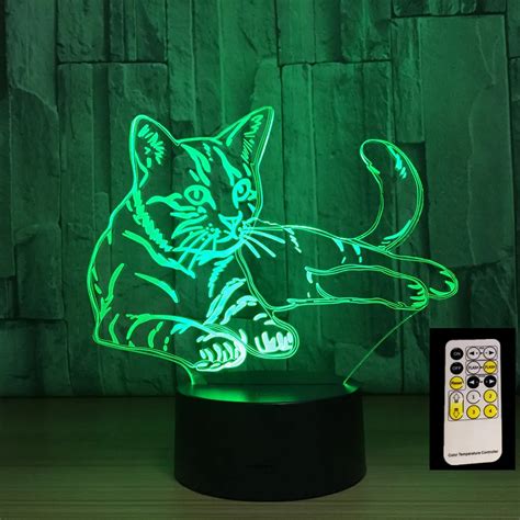 Remote Control Lying Cat 7 Colors 3D LED Night Lights USB 3AA Power Table Lamp Home Decor ...