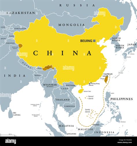 Peoples Republic of China, PRC, gray political map. Area controlled by China in yellow color ...