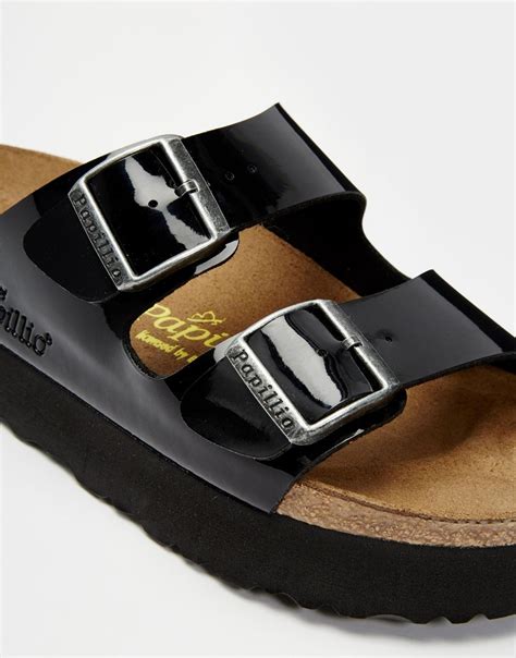 Birkenstock Arizona Platform Patent Black Slider Flat Sandals in Black ...