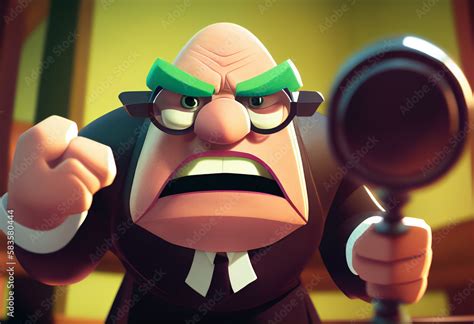 Cartoon character judge with a judge gavel in courtroom. Angry cartoon ...