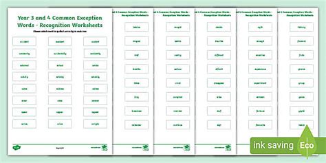 Year 3 and 4 Common Exception Words - Recognition Worksheets