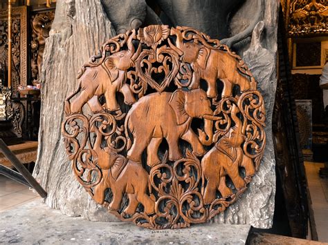 Feng Shui Elephants Hand Carved Wooden Wall Art Panel. - Siam Sawadee