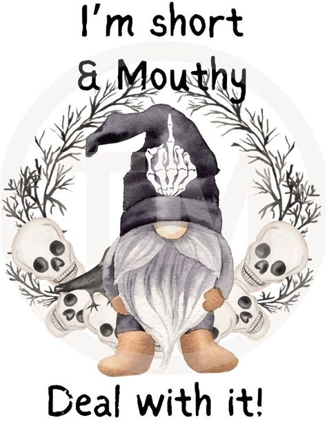 an image of a gnome with skulls and wreaths on it's face, saying i'm ...