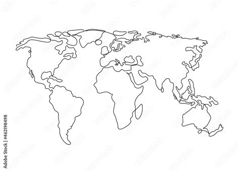 One line world map. Minimal continuous doodle line map, simple graphic design of continents ...