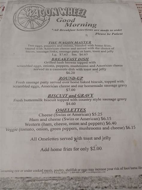 Menu at Wagon Wheel Restaurant, Delmont