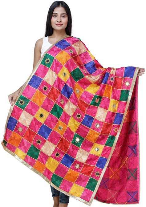 Multicolor Embroidered Phulkari Dupatta from Punjab with Mirrors and ...