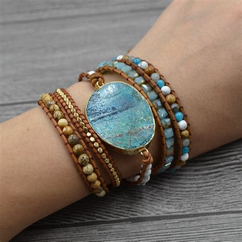 Women Leather Bracelet Unique Mixed Natural Stones Gilded Stone Charm 5 ...