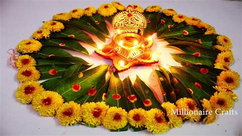 Durga puja Flower Decoration Ideas For Festivals | Marigold & mango leaves tying | flower making ...