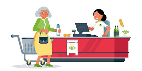 Premium Vector | Senior woman at cash desk illustration, customer and ...