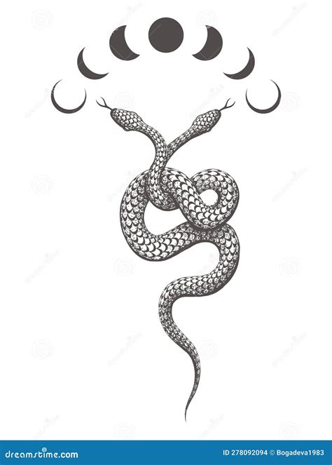 Two Headed Snake and Phases of Moon Esoteric Tattoo Isolated on White ...