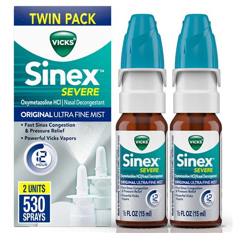 Vicks Sinex Severe Nasal Spray, Original Ultra Fine Mist, Decongestant Medicine, 265 Sprays, 2 ...