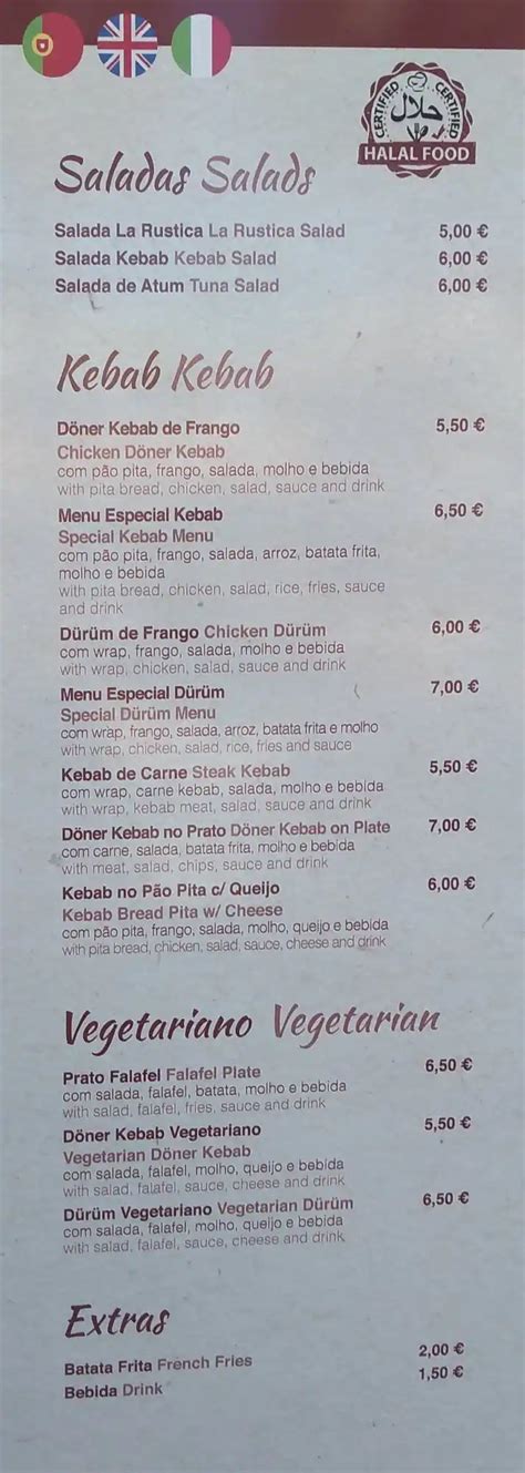 Menu at La Rustica restaurant, Carvoeiro