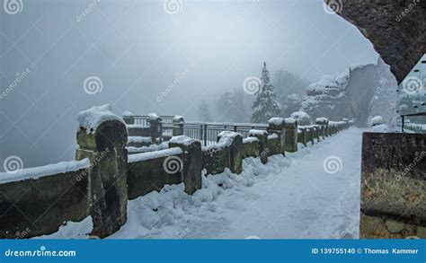 Fog on the Bastei Bridge in Winter, Saxon Switzerland National Park ...