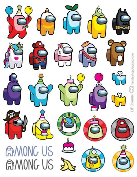 an assortment of cartoon character stickers with the words among us on each one side