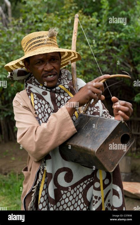 Sotho musician, Basotho Cultural Village, Golden Gate Highlands National Park, South Africa ...