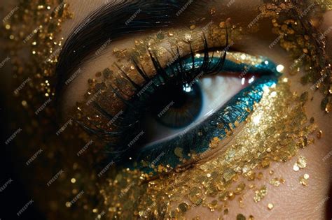 Premium AI Image | a woman with gold glitter and a blue eye with gold ...