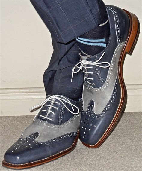 Men Two Tone Wing Tip Brogue Formal Shoes Blue And Gray | RebelsMarket