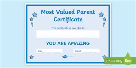 Most Valuable Parent Certificate - Parents - F-6 - Twinkl