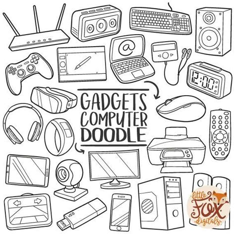 Gadgets Computer Technology Tools Traditional Doodle Icons Clipart Scrapbook Set Hand Drawn Line ...