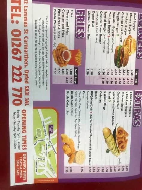 Menu at Chick King fast food, Carmarthen