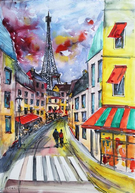 Paris Eiffel Tower street cafe painting watercolor original framed Paris rooftops in Small ...