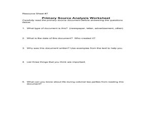 Primary Source Analysis Worksheet Lesson Plan for 8th - 12th Grade | Lesson Planet