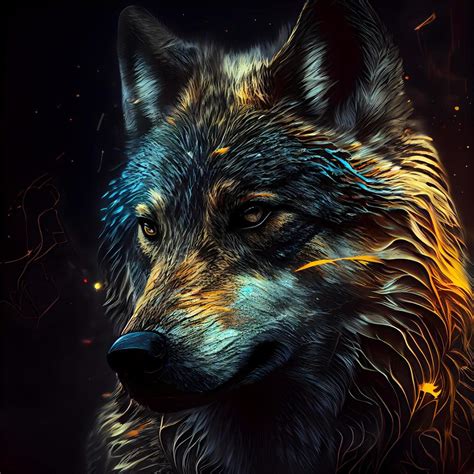 Wolf portrait. Artistic digital painting of a wolf with fire effect ...