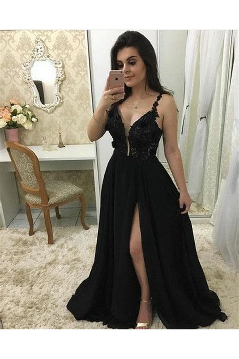 A-Line Beaded Lace Chiffon Long Black Prom Dresses Formal Evening ...