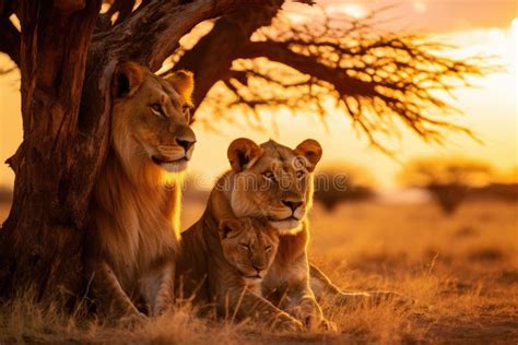 A Family of Lions in the African Savanna at Sunset Stock Illustration - Illustration of ...