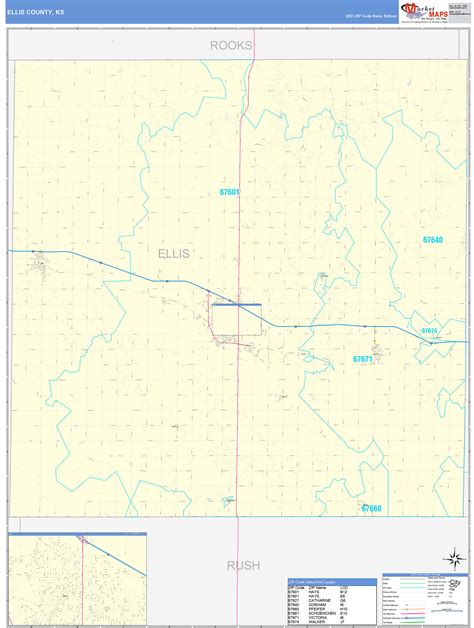 Ellis County, KS Zip Code Wall Map Basic Style by MarketMAPS