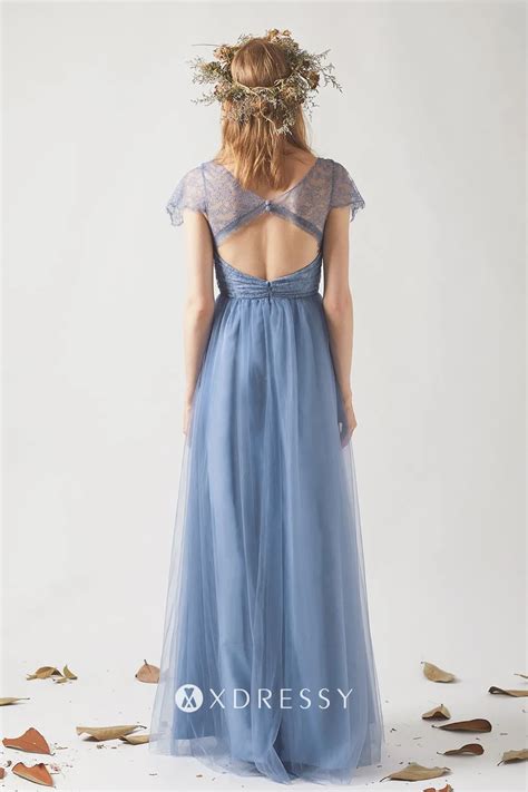 Carolina Blue Lace and Tulle Cap Sleeve Bridesmaid Gown - Xdressy