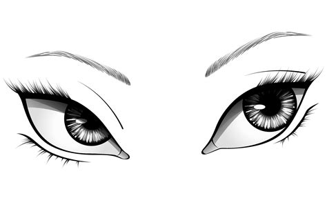 Hand drawn cartoon woman eyes with detailed irises, eyebrows and lashes. Typography vector ...