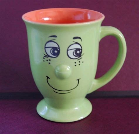 3d Green Smiley Face pedestal COFFEE MUG cup smiling orange inside footed | Mugs, Mug cup ...