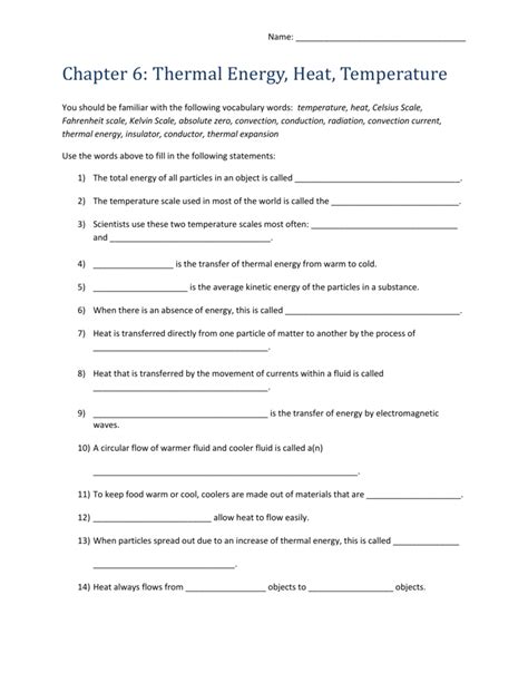 Thermal Energy Cloze Worksheet