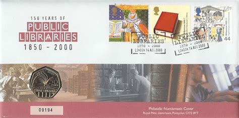 2000 150th Year of Public Libraries 1850 - 2000, Commemorative 50p Coin Cover, Public Libraries ...