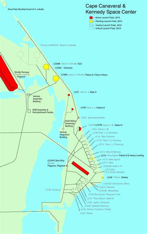 The map of Cape Canaveral Launch pads on Wikipedia is low quality and out-of-date. I redid it ...