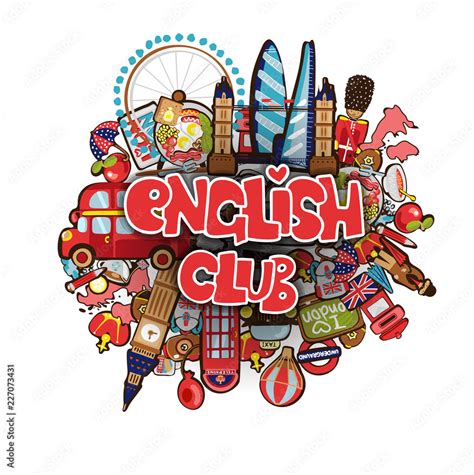 Vecteur Stock English club educational concept. English club phrase on cartoon doodle objects in ...