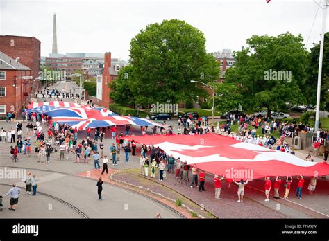 Elevated view of US, Canadian and British Flag for Bicentennial of War of 1812 which also ...