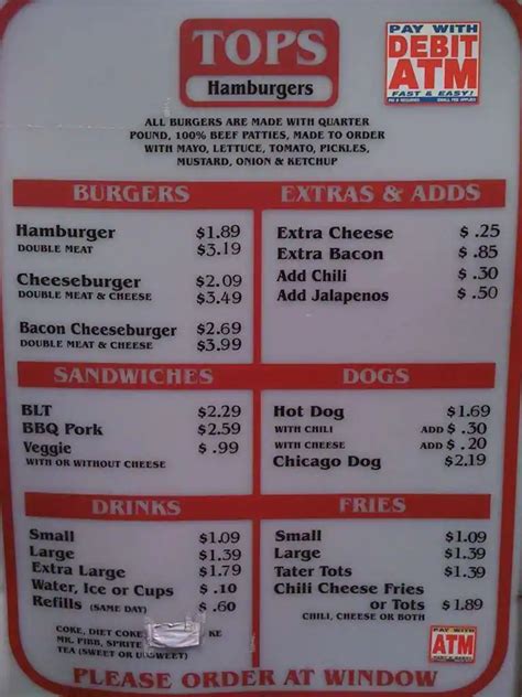 Menu at Tops Choice Hamburgers restaurant, Pensacola