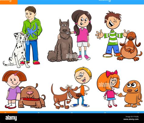 Ilustración de dibujos animados de niños con Animales Perros Juego de ...