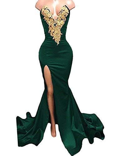 Gold Lace Sexy High Slit Mermaid Long Prom Dress Evening Gown Emerald Green US 1 - Fashion