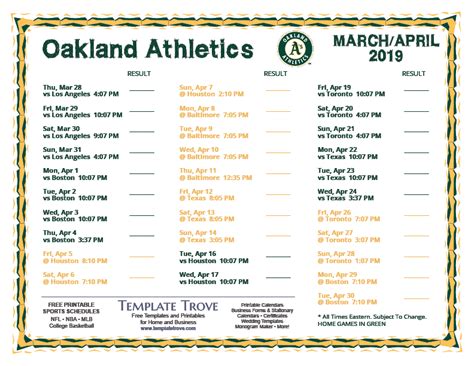 Printable 2019 Oakland Athletics Schedule