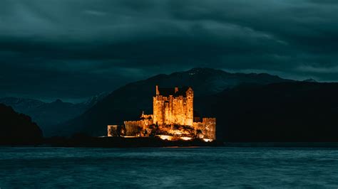 Download wallpaper 1920x1080 castle, island, night, dark full hd, hdtv, fhd, 1080p hd background