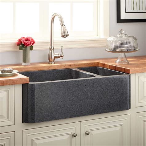 33" Polished Granite 70/30 Offset Double-Bowl Farmhouse Sink - Blue Gray - Stone Farmhouse Sinks ...