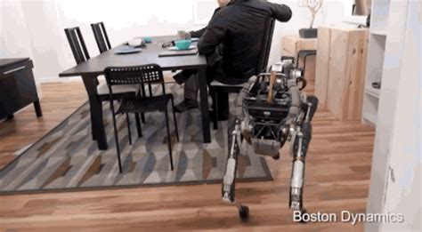 a man sitting at a table in front of a robot that is on the floor