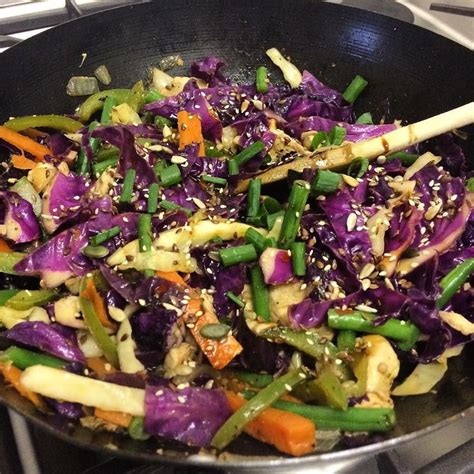 Vibrant Free Range Chicken stir fry with purple cabbage and spring onion from my own garden! # ...